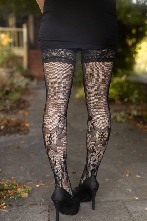 Floral Fishnet Stay Up Thigh Highs - Image 3