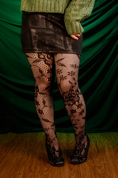 Floral Lace Stockings with Attached Garter Belt - Image 3