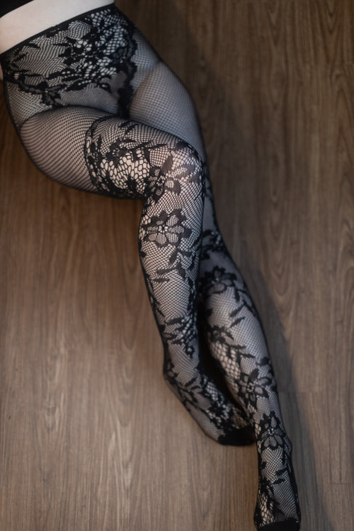 French Cut Dahlia Lace Tights with Net Thigh Detail - Image 2