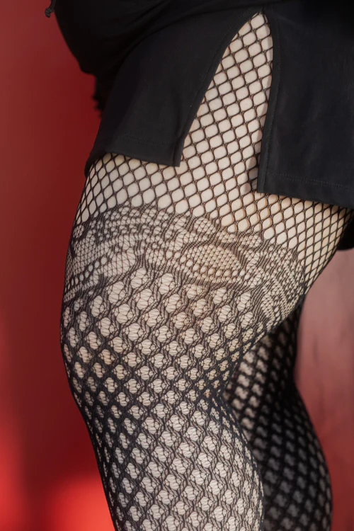 Gilded Grid Net Tights with Bow Lace Top - Image 4