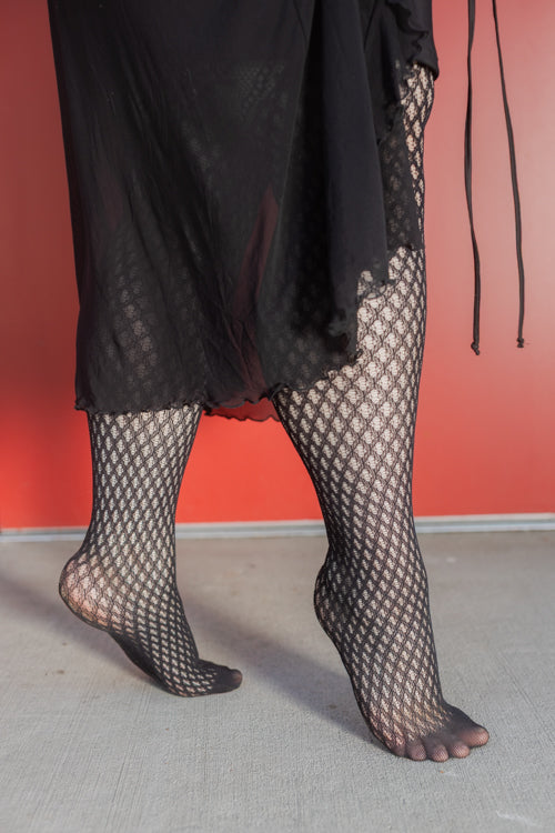 Gilded Grid Net Tights with Bow Lace Top - Image 5