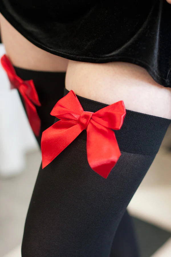 Opaque Thigh High Stockings with Bow - Image 10