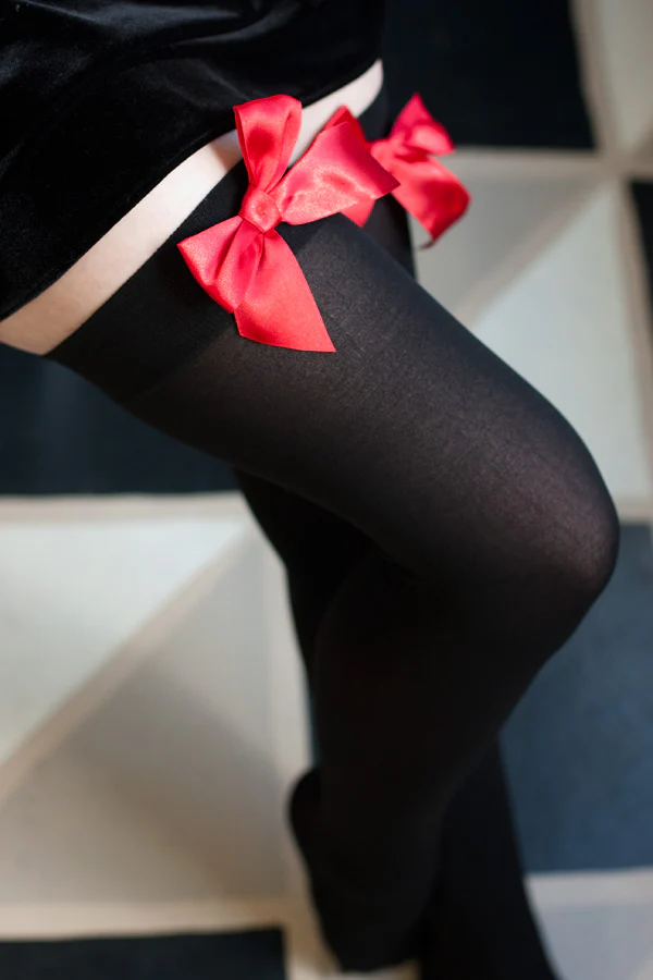 Opaque Thigh High Stockings with Bow - Image 12