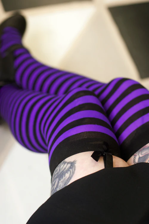 Striped Nylon Thigh Highs - Image 12