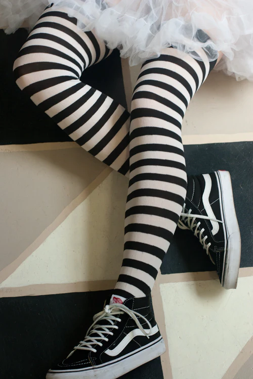Striped Nylon Thigh Highs - Image 16