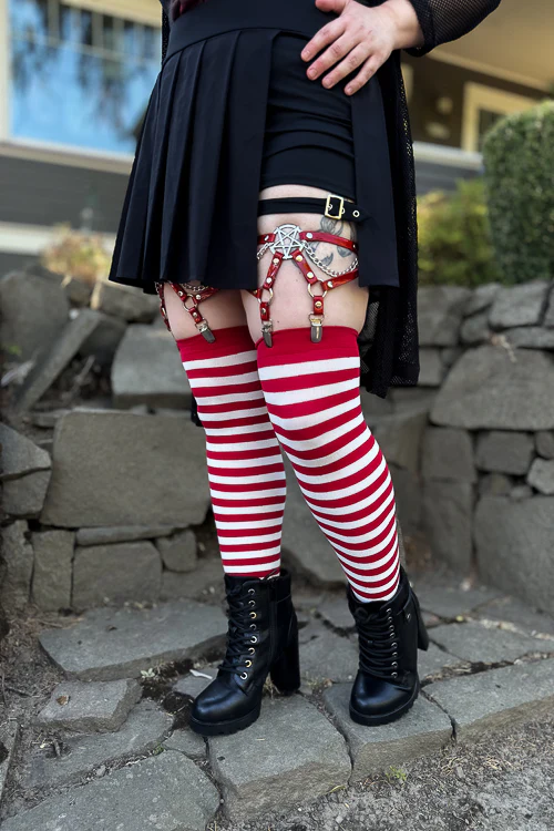 Striped Nylon Thigh Highs - Image 36