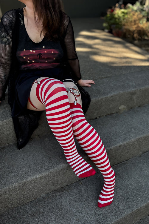 Striped Nylon Thigh Highs - Image 37