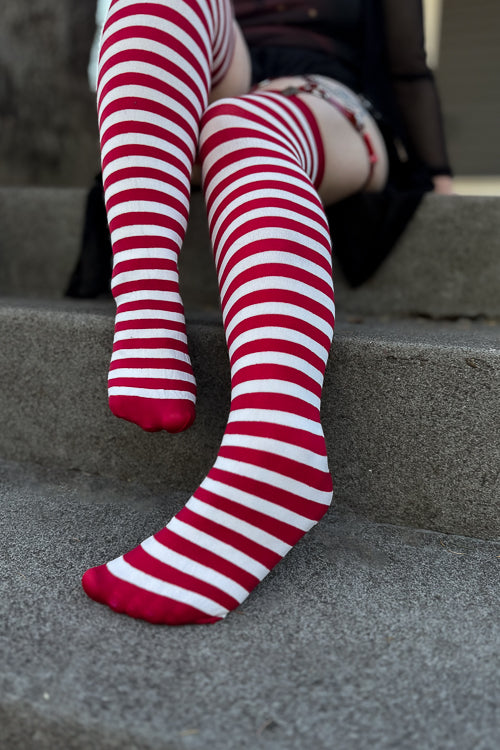 Striped Nylon Thigh Highs - Image 38