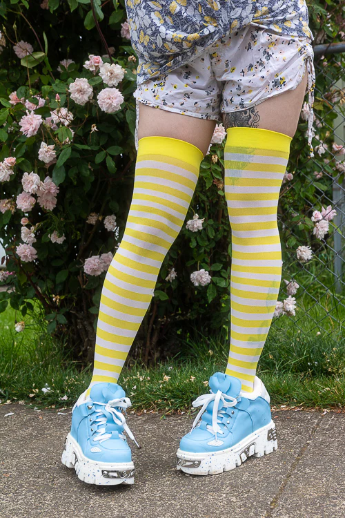 Striped Nylon Thigh Highs - Image 40