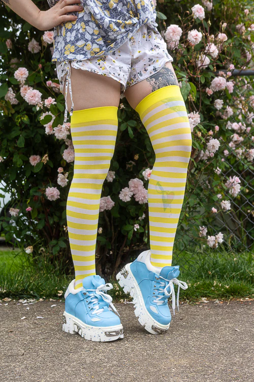 Striped Nylon Thigh Highs - Image 42