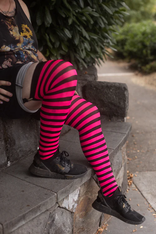 Striped Nylon Thigh Highs - Image 8