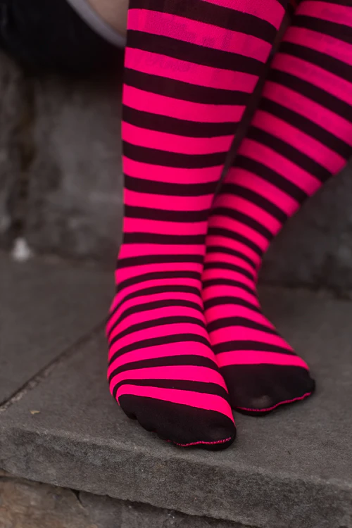 Striped Nylon Thigh Highs - Image 9