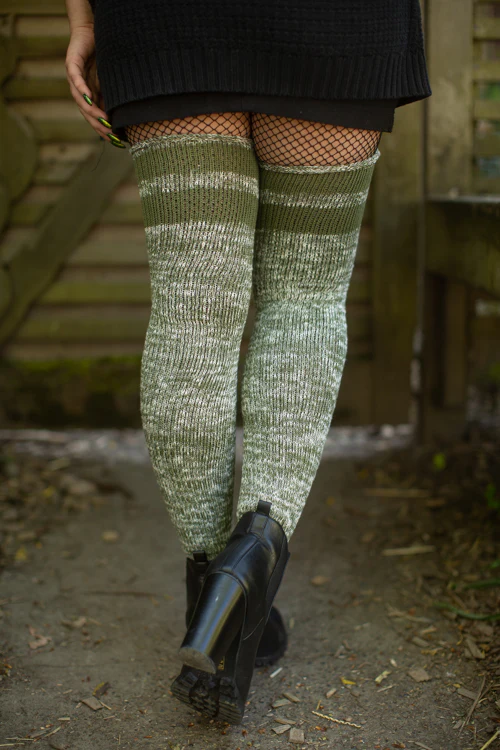 Top-Striped Marled Scrunchable Thigh High Socks - Image 9